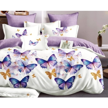 Pościel 200x220 biało fioletowa w motyle PK684 z prześcieradłem